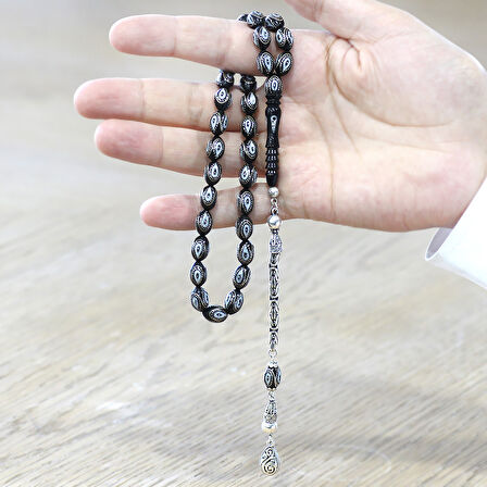 Erzurum Oltu Taşı Tesbih - 925 Ayar Gümüş Kral Püsküllü - Gümüş İşlemeli Mine Dolgulu - Arpa Kesim
