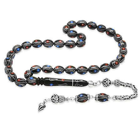 Erzurum Oltu Taşı Tesbih - 925 Ayar Gümüş Kral Püsküllü - Firuze Mercan İşlemeli - Arpa Kesim