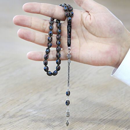 Erzurum Oltu Taşı Tesbih - 925 Ayar Gümüş Kral Püsküllü - Firuze Mercan İşlemeli - Arpa Kesim