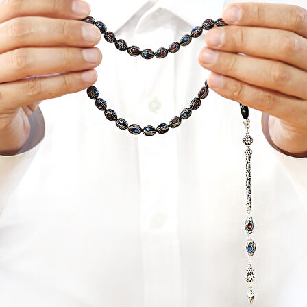 Erzurum Oltu Taşı Tesbih - 925 Ayar Gümüş Kral Püsküllü - Firuze Mercan İşlemeli - Arpa Kesim