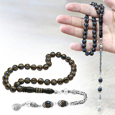 Erzurum Oltu Taşı Tesbih - 925 Ayar Gümüş Kral Püsküllü - Firuze Mercan İşlemeli - Küre Kesim