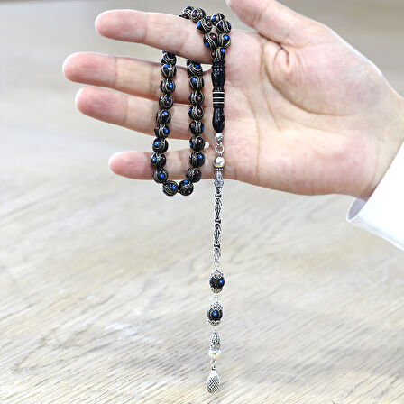 Erzurum Oltu Taşı Tesbih - 925 Ayar Gümüş Kral Püsküllü - Firuze Mercan İşlemeli - Küre Kesim