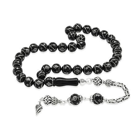 Erzurum Oltu Taşı Tesbih - 925 Ayar Gümüş Kral Püsküllü - Yoğun Gümüş İşlemeli - Küre Kesim