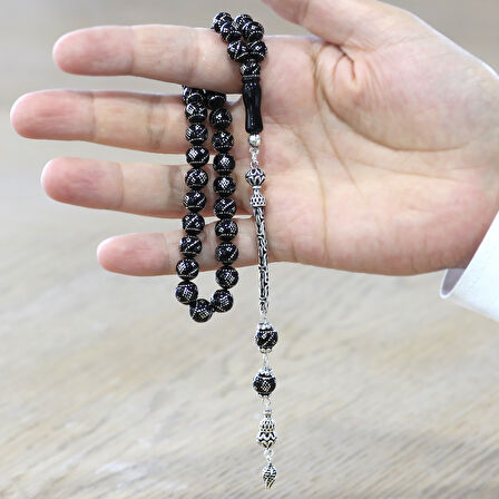 Erzurum Oltu Taşı Tesbih - 925 Ayar Gümüş Kral Püsküllü - Yoğun Gümüş İşlemeli - Küre Kesim