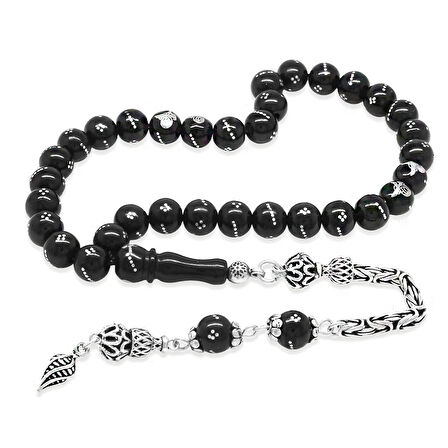 Rus Oltu Taşı Tesbih - 925 Ayar Gümüş Kral Püsküllü - Gümüş Tuğra İşlemeli - Küre Kesim