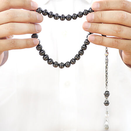 Erzurum Oltu Taşı Tesbih - 925 Ayar Gümüş Kral Püsküllü - Yoğun Gümüş Yıldız İşlemeli - Küre Kesim