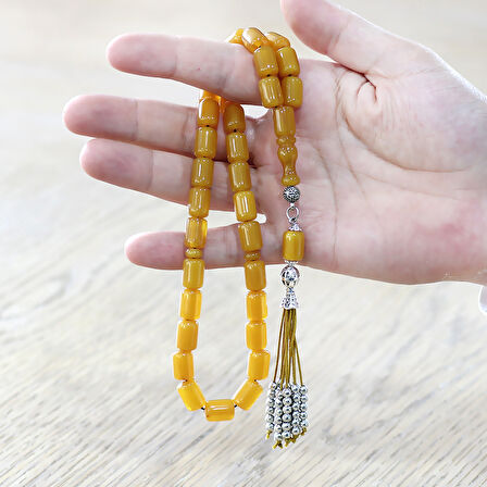 Çubuk Sıkma Kehribar Tesbih - Osmanlı Saray Püsküllü - Sarı Renk - Kapsül Kesim