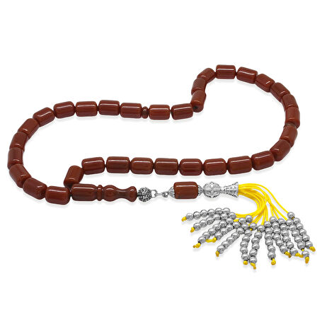 Çubuk Sıkma Kehribar Tesbih - Osmanlı Saray Püsküllü - Koyu Kırmızı Renk - Kapsül Kesim