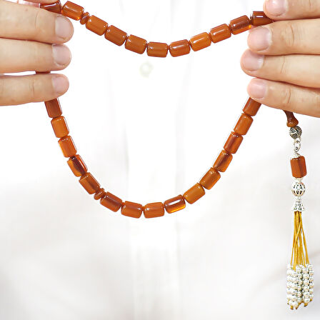 Çubuk Sıkma Kehribar Tesbih - Osmanlı Saray Püsküllü - Bal Rengi - Kapsül Kesim