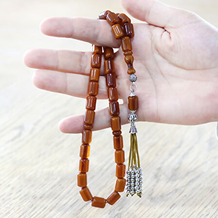 Çubuk Sıkma Kehribar Tesbih - Osmanlı Saray Püsküllü - Bal Rengi - Kapsül Kesim