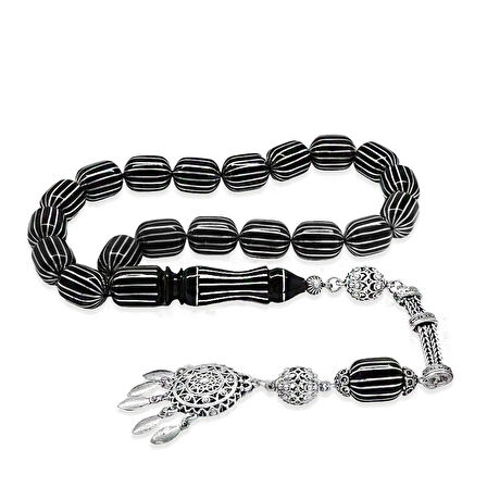 Premium Kutulu - Erzurum Oltu Efe Tesbih - 925 Ayar Gümüş Püsküllü - Gümüş 16 lı Karpuz Yarma