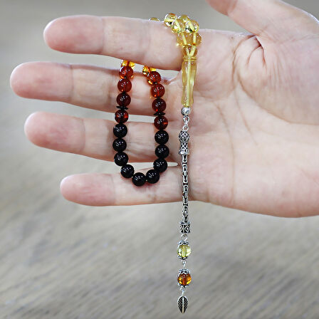 Damla Kehribar Tesbih - 925 Ayar Gümüş Kral - Süzme Sarı Kırmızı Renk - Bilek Boy -  Küre Kesim