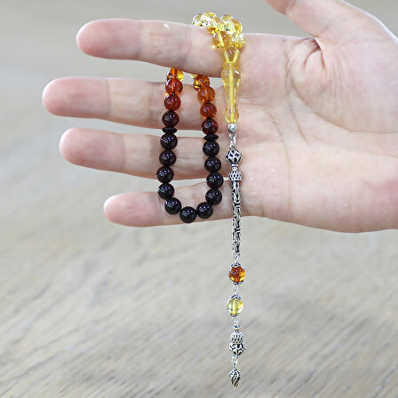 Damla Kehribar Tesbih - 925 Ayar Gümüş Kral Zincirli - Süzme Sarı Kırmızı Renk - Küre Kesim