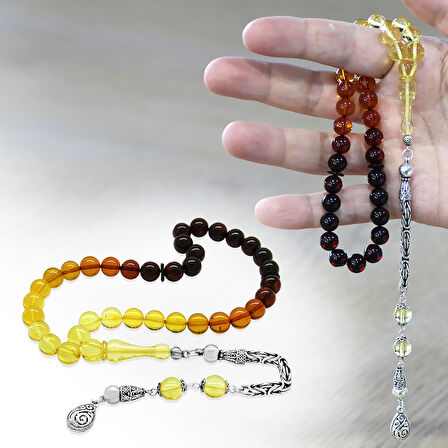 Damla Kehribar Tesbih - 925 Ayar Gümüş Kral Zincirli - Süzme Kırmızı Sarı Renk - Küre Kesim