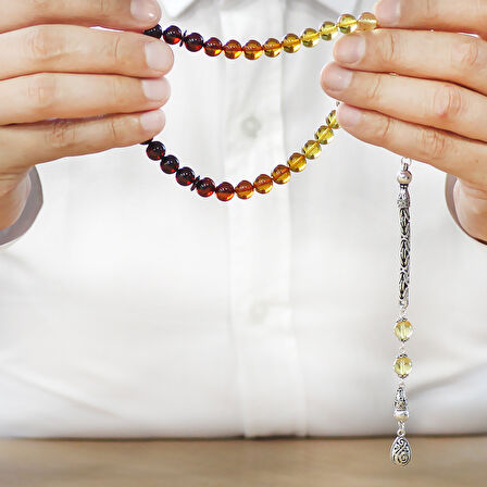 Damla Kehribar Tesbih - 925 Ayar Gümüş Kral Zincirli - Süzme Kırmızı Sarı Renk - Küre Kesim