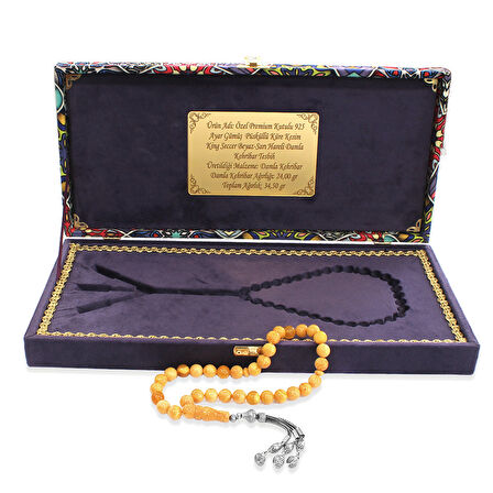 Damla Kehribar Tesbih - 925 Ayar Gümüş Püsküllü - Küre Kesim - King Seccer - Premium Kutulu