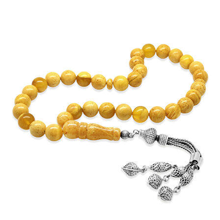 Damla Kehribar Tesbih - 925 Ayar Gümüş Püsküllü - Küre Kesim - King Seccer - Premium Kutulu