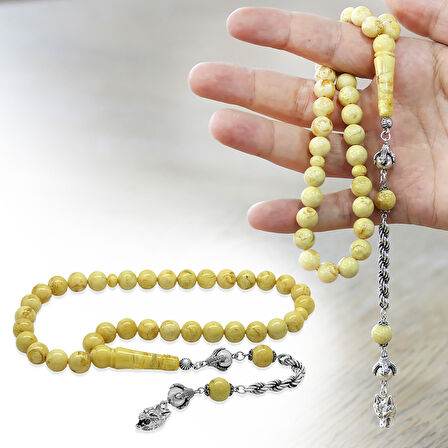 Damla Kehribar Tesbih - 925 Ayar Gümüş Halat Püsküllü - Küre Kesim - King Seccer - Premium Kutulu