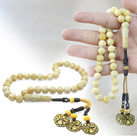 Damla Kehribar Tesbih - 1000 Ayar Gümüş Kazaz Püsküllü - Küre Kesim - King Seccer - Premium Kutulu