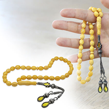 Damla Kehribar Tesbih - 1000 Ayar Gümüş Kazaz Püsküllü - Arpa Kesim - King Seccer - Premium Kutulu