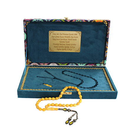 Damla Kehribar Tesbih - 1000 Ayar Gümüş Kazaz Püsküllü - Arpa Kesim - King Seccer - Premium Kutulu