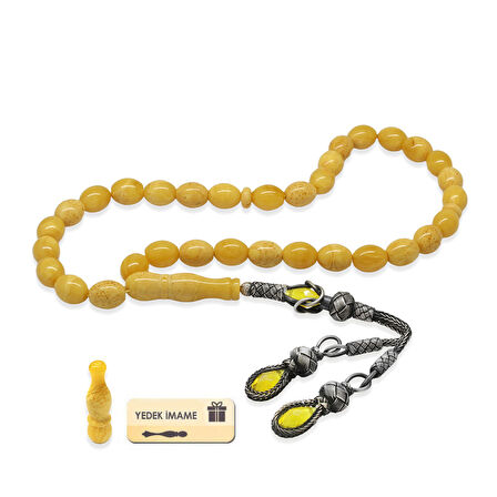 Damla Kehribar Tesbih - 1000 Ayar Gümüş Kazaz Püsküllü - Arpa Kesim - King Seccer - Premium Kutulu