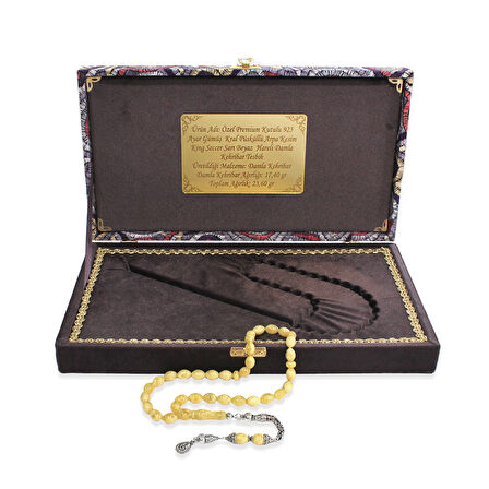 Damla Kehribar Tesbih - 925 Ayar Gümüş Kral Püsküllü - King Seccer - Arpa Kesim - Premium Kutulu