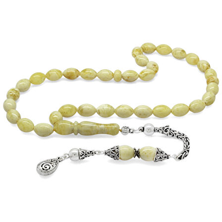 Damla Kehribar Tesbih - 925 Ayar Gümüş Kral Püsküllü - King Seccer - Arpa Kesim - Premium Kutulu