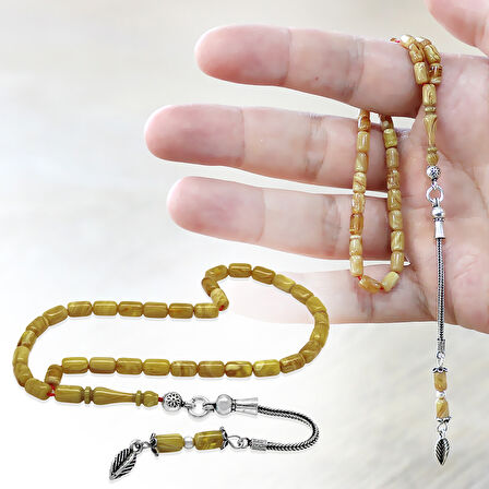 Ateş Kehribar Tesbih - 925 Ayar Gümüş Zincir Püsküllü - Mini Boy - Sarı Beyaz Renk - Kapsül Kesim