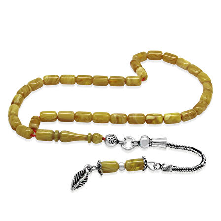 Ateş Kehribar Tesbih - 925 Ayar Gümüş Zincir Püsküllü - Mini Boy - Sarı Beyaz Renk - Kapsül Kesim