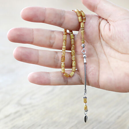 Ateş Kehribar Tesbih - 925 Ayar Gümüş Zincir Püsküllü - Mini Boy - Sarı Beyaz Renk - Kapsül Kesim