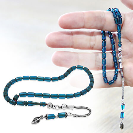 Ateş Kehribar Tesbih - 925 Ayar Gümüş Zincir Püsküllü - Mini Boy - Mavi Renk - Kapsül Kesim