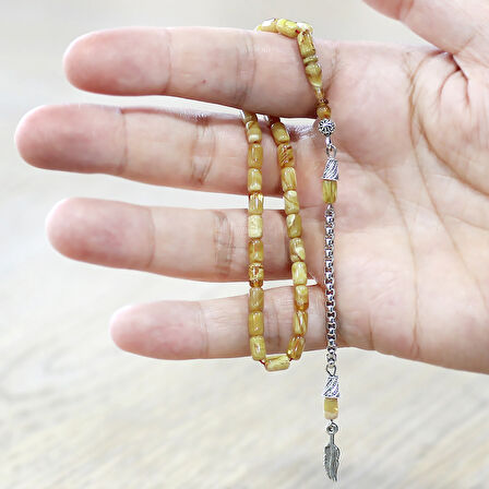 Ateş Kehribar Tesbih - Kararmaz Metal Püsküllü - Mini Boy - Sarı Beyaz Renk - Kapsül Kesim