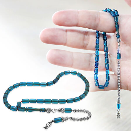 Ateş Kehribar Tesbih - Kararmaz Metal Püsküllü - Mini Boy - Mavi Renk - Kapsül Kesim