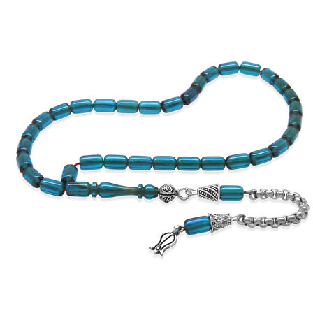 Ateş Kehribar Tesbih - Kararmaz Metal Püsküllü - Mini Boy - Mavi Renk - Kapsül Kesim