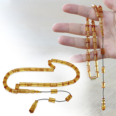 Ateş Kehribar Tesbih - Sistemli - Sarı Beyaz Hareli - Kesme Kesim