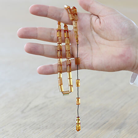 Ateş Kehribar Tesbih - Sistemli - Sarı Beyaz Hareli - Kesme Kesim