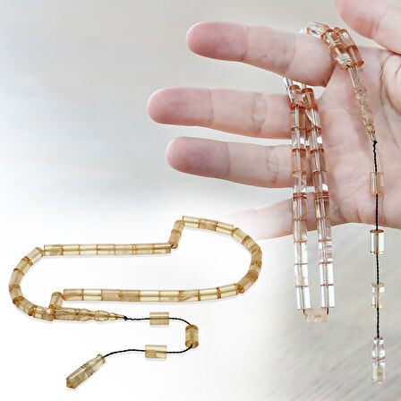 Ateş Kehribar Tesbih - Sistemli - Şeffaf Beyaz Hareli - Kesme Kesim