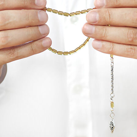 Ateş Kehribar Tesbih - Kararmaz Metal Arnavut Püsküllü - Mini Boy - Ihlamur Sarı - Kapsül Kesim