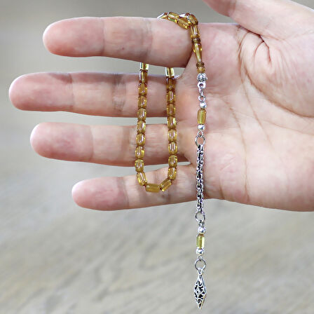 Ateş Kehribar Tesbih - Kararmaz Metal Arnavut Püsküllü - Mini Boy - Ihlamur Sarı - Kapsül Kesim