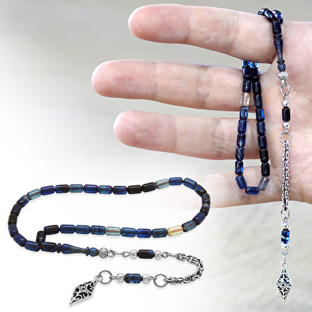 Ateş Kehribar Tesbih - Kararmaz Arnavut Püsküllü - Mini Boy - Lacivert Beyaz Renk - Kapsül Kesim