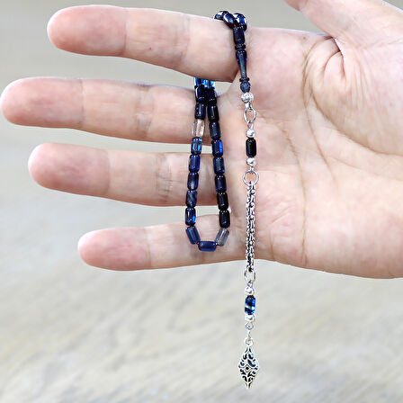 Ateş Kehribar Tesbih - Kararmaz Arnavut Püsküllü - Mini Boy - Lacivert Beyaz Renk - Kapsül Kesim