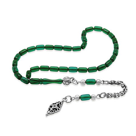 Ateş Kehribar Tesbih - Kararmaz Metal Arnavut Püsküllü - Mini Boy - Yeşil Renk - Kapsül Kesim