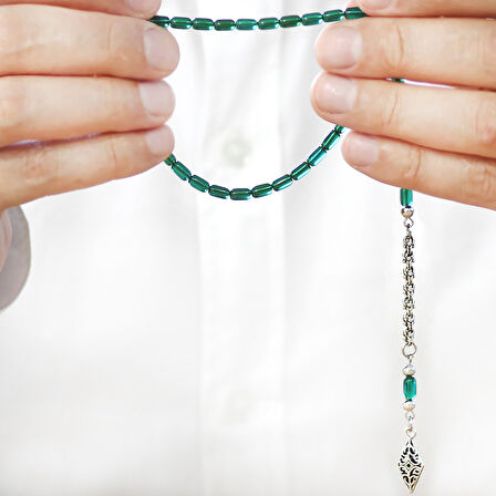 Ateş Kehribar Tesbih - Kararmaz Metal Arnavut Püsküllü - Mini Boy - Yeşil Renk - Kapsül Kesim