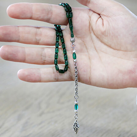 Ateş Kehribar Tesbih - Kararmaz Metal Arnavut Püsküllü - Mini Boy - Yeşil Renk - Kapsül Kesim