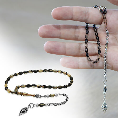 Ateş Kehribar Tesbih - Kararmaz Metal Arnavut Püsküllü - Mini Boy - Siyah Beyaz Renk - Arpa Kesim