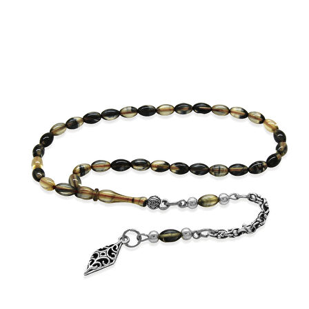 Ateş Kehribar Tesbih - Kararmaz Metal Arnavut Püsküllü - Mini Boy - Siyah Beyaz Renk - Arpa Kesim