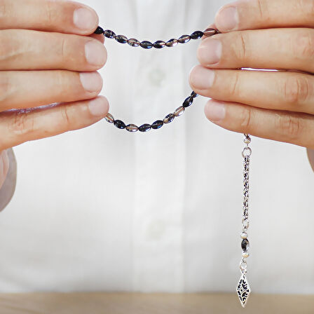 Ateş Kehribar Tesbih - Kararmaz Metal Arnavut Püsküllü - Mini Boy - Siyah Beyaz Renk - Arpa Kesim