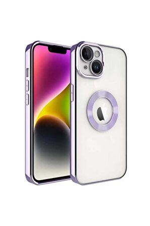 Apple iPhone 14 Plus Kılıf Logo Yeri Açık Kamera Lens Korumalı Renkli Kenarlı Şeffaf Silikon