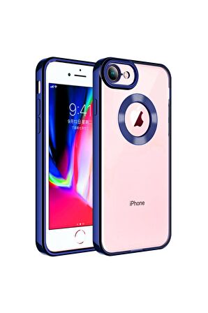 Apple iPhone SE 2020 Kılıf Logo Yeri Açık Kamera Lens Korumalı Renkli Kenarlı Şeffaf Silikon